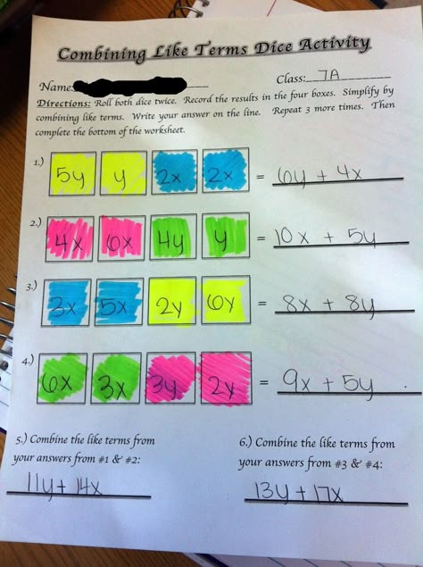 Middle School Math Madness!: Combining Like Terms Dice Activity Junior High Math, Math Expressions, Middle School Math Teacher, Teaching Algebra, Math 8, Algebra Activities, Sixth Grade Math, Middle School Math Classroom, Combining Like Terms