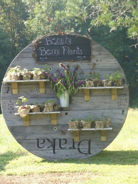 Plants farm yard sign spool Wire Spool Ideas, Electrical Spools, Wooden Cable Reel, Large Wooden Spools, Cable Spool Tables, Wooden Cable Spools, Wooden Spool Projects, Spool Ideas, Wooden Spool Crafts