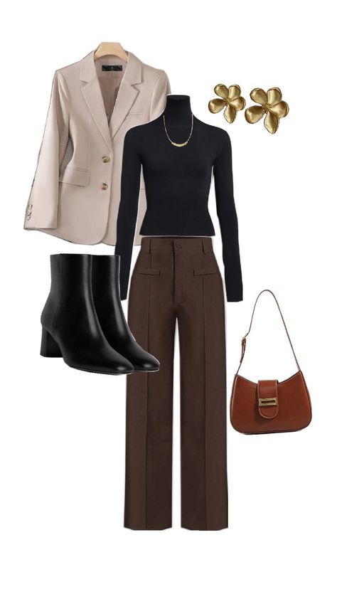 This business casual outfit blends classic neutrals with modern elegance. A beige blazer, black turtleneck, and high-waisted brown trousers create a sleek silhouette, while gold accessories and black ankle boots add a polished touch. Perfect for fall workdays or casual outings!  #BusinessCasual #NeutralStyle #FallOutfits #ChicOutfits #OfficeStyle #MinimalistFashion #OutfitInspiration #EffortlessChic Turtleneck Outfits, Business Casual Outfit, Turtleneck Outfit, Brown Trousers, Beige Blazer, Black Turtleneck, Neutral Fashion, Blazer Black, Gold Accessories