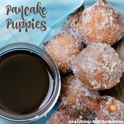 Pancake Puppies | Real Mom Kitchen | 5 ingredients or less | Fried Pancake Balls, Desserts To Make With Pancake Batter, Desserts Made With Pancake Batter, What To Make With Pancake Batter, Pancake Balls Recipe, Pancake Puppies Recipe, Pancake Puppies, Pancake Poppers, Denny's Restaurant