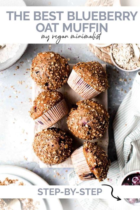 Vegan Blueberry Muffin Recipe, Quick Vegan Desserts, Blueberry Oat Muffins, Fluffy Muffins, Oat Crumble Topping, Vegan Minimalist, Vegan Blueberry Muffins, Blueberry Muffin Recipe, Vegan Waffles