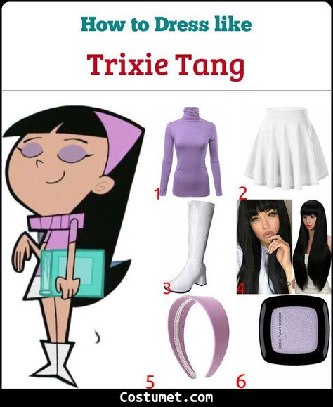 Trixie Tang (The Fairly OddParents) Costume for Cosplay & Halloween 2021 Halloween Costumes White Boots, Trixie And Veronica Costume, Halloween Costumes With White Boots, Trixie Halloween Costume, Cartoon Halloween Costumes Women, Fairly Oddparents Costume, Long Hair Halloween Costumes, Costumes For Black Hair, White Boots Halloween Costume