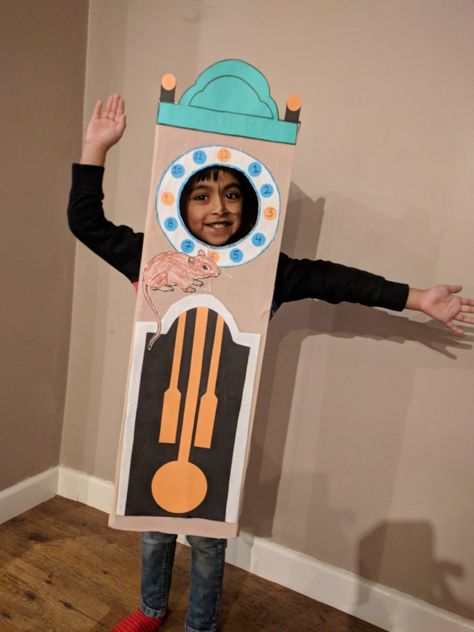 Hickory dickory dock costume - world book Day Grandfather Clock Costume Diy, Hickory Dickory Dock Costume, Nursery Rhymes Costumes, Furniture Costume, Best Fancy Dress Ideas, Clock Costume, Beauty And The Beast Crafts, Nursery Rhyme Costume, Goofy Costume