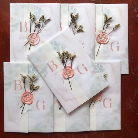 Blush Pink Invitation 🌸 Printed Parchment Paper + wax seal + dried flower Wax Paper Invitations, Parchment Wedding Invitations, Wax Seal With Dried Flower, Wed Invitation, Pink Invitation, Dried Flowers Wedding, Creative Invitations, Bridal Tea, Handmade Wedding Invitations