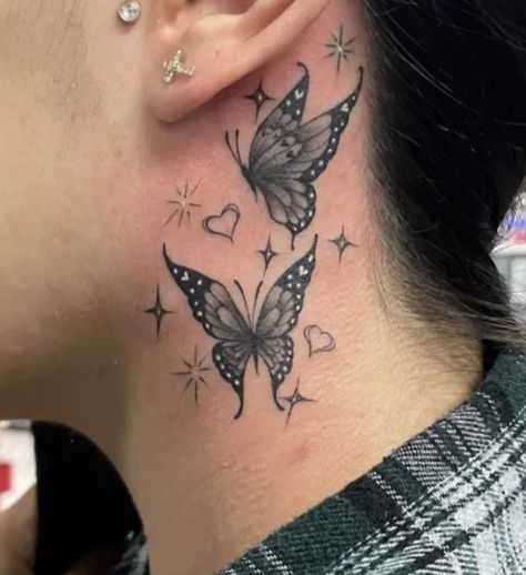 Butterfly Neck Tattoo, Small Neck Tattoos, Artsy Tattoos, Side Neck Tattoo, Hand Tattoos For Girls, Neck Tattoos Women, Butterfly Tattoos For Women, Mommy Tattoos, Small Pretty Tattoos