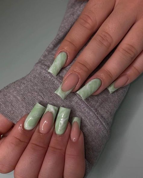 Pastel Green Nails Square, Mint Acrylic Nails Design, Nail Designs Mint Green, Light Green Coffin Acrylic Nails, Light Green French Tip Nails Square, Green French Tip Nails Square Long, Mint Green And White Nails, Green And White Marble Nails, Green Marble Nails Acrylic