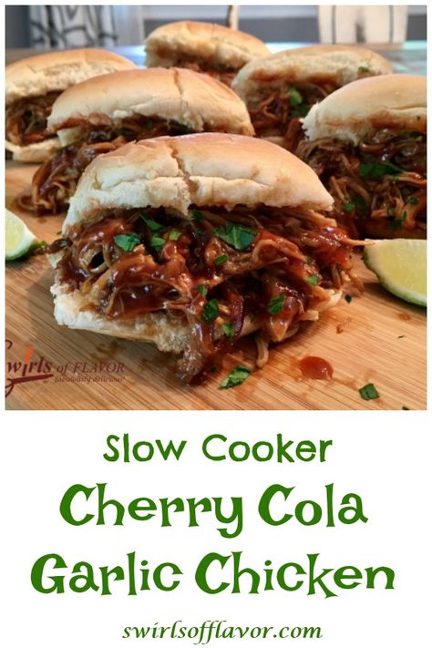 Slow Cooker Cherry Cola Garlic Chicken is an easy recipe that makes it's own sweet and spicy sauce with brown sugar, cola soda and garlic for an easy chicken dinner recipe. A crock pot pulled chicken recipe that can be served on rolls, with rice, in tortillas or over noodles, this garlic chicken recipe is perfect for a busy weeknight dinner. #chicken #chickenbreasts #pulledchicken #slowcooker #crockpot #easyrecipe #colasoda #garlicchicken #chickensandwich #swirlsofflavor Recipes For Dinner Slow Cooker, Chicken Brown Sugar, Pulled Chicken Crock Pot Recipes, Dinner Slow Cooker, Protein Dishes, Sandwiches Chicken, Coke Recipes, Pulled Chicken Recipes, Dinner Sandwich