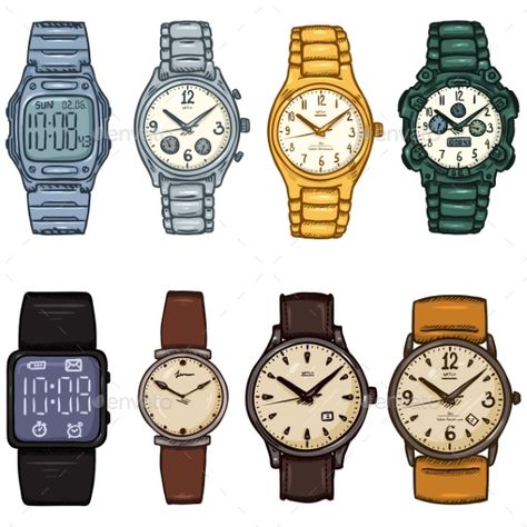 Set of Cartoon Color Wrist Watches - #Man-made Objects #Objects Download here: https://graphicriver.net/item/set-of-cartoon-color-wrist-watches/19719367?ref=alena994 Wrist Watch Drawing Reference, Watch Reference Drawing, Wrist Watch Drawing, Watch Illustration Design, Hand Watch Drawing, Watches Illustration, Man Made Objects, Watch Illustration, Valentines Stickers