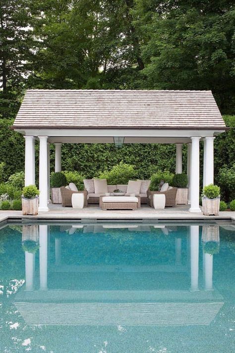 Five – Amy Aidinis Hirsch Back Patio Dining Area, Oasis Backyard Ideas, Backyard Tv, Pool Pavillion, Backyard Cabana, Pool Canopy, Pool House Cabana, Backyard Oasis On A Budget, Pool Gazebo