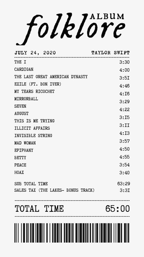 Folklore Receipt, Album Receipt, Folklore Taylor Swift, Folklore Album, Mad Women, Bon Iver, Phone Ideas, Epiphany, Taylor Swift