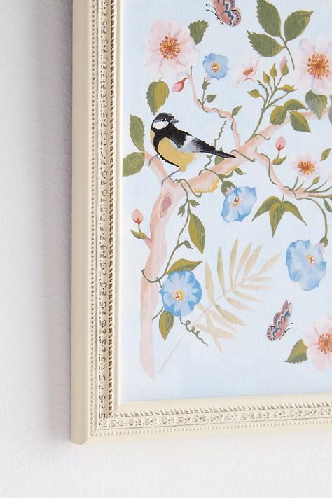 Chinoiserie of Rosa and Little Birds Wall Art | AnthroLiving Anthropologie Wall Art, Chinoiserie Room, Historical Patterns, Birds Wall Art, Patterns For Fashion, Chinoiserie Art, Wall Writing, Blue Chinoiserie, Artfully Walls