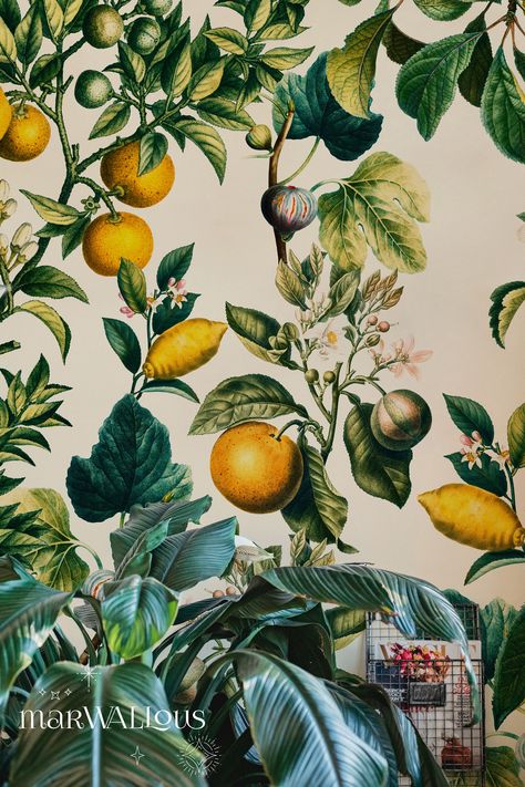 Italian Inspired Wallpaper, Vintage Fruit Wallpaper, Herb Wallpaper, Italian Mural, Wallpaper Floral Vintage, Vintage Yellow Bathroom, Spain Apartment, Vintage Wall Mural, Lemon Wallpaper