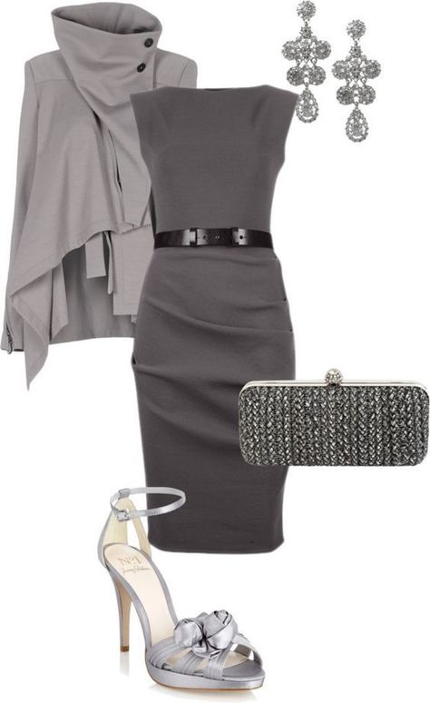 Loving the dress and cape❤️ Type Style, Chique Outfits, Grey Dress, Work Attire, Pencil Dress, Work Fashion, Look Chic, Business Fashion, Look Fashion