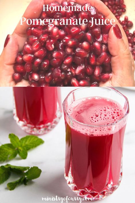 How to make homemade Pomegranate Juice. Perfect for the holidays! #ministryofcurry #drinks #christmas Fruits Juice Recipes, Benefits Of Pomegranate Juice, Pomegranate Benefits For Women, Pomegranate Recipes Drinks, Pomegranate Juice Recipe, Pomegranate Juice Benefits, Fresh Drink Recipes, Pomegranate Health Benefits, Juices Recipes