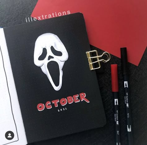 Horror Journal Ideas, Halloween Journal Ideas, October Cover Page, Bujo Christmas, October Bullet Journal Cover Ideas, Jurnal Bullet Ideas October, Spooky Bullet Journal, Bullet Journal Halloween, Bullet Journal October