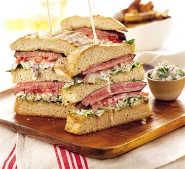 Triple-decker steak sandwich Caramelized Onion Sandwich, Steak Sandwich Recipes, Steak Sandwiches, Fresh Olives, Sliced Steak, Bbc Good Food, Small Food Processor, Steak Sandwich, Bbc Good Food Recipes