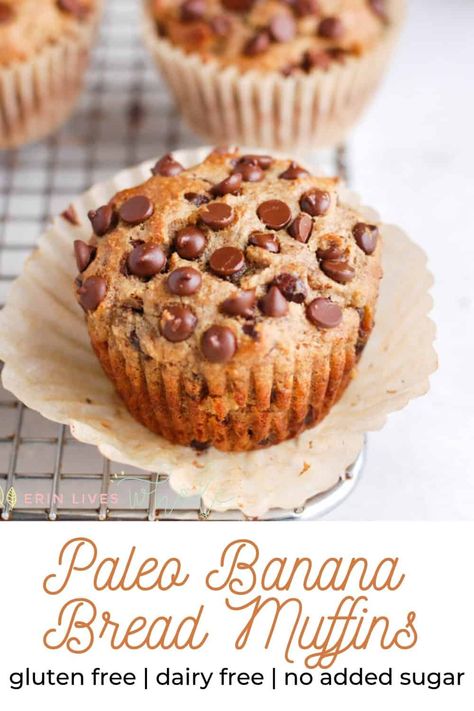 These easy paleo banana bread muffins are made with no added sugar, are oil free, dairy free, and are made using simple ingredients like almond flour, nut butter, eggs, and chocolate chips! Made in less than thirty minutes. #recipe #healthy #bananabread #muffins #paleo Paleo Banana Bread Muffins, Paleo Chips, Peanut Butter Banana Bread, Paleo Banana Bread, Paleo Banana, Banana Bread Muffins, Paleo Baking, Bread Muffins, Almond Flour Recipes