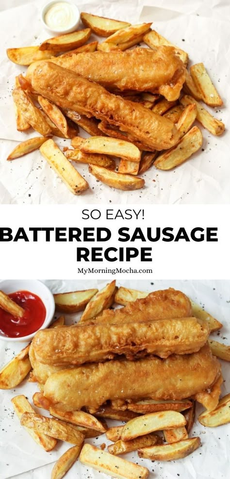 This battered sausage recipe is made UK chip shop style! This simple batter has no beer, so you can recreate this classic easily at home! via @MyMorningMocha Easy Batter Recipe, Chip Shop Chips, Battered Sausage Recipes, Winter Fish Recipes, Potato Scallops, Sausage And Chips, Battered Sausage, Beer Batter Recipe, Food Polls