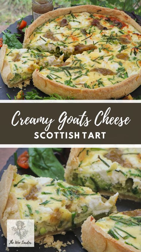 This delicious Creamy Goat's Cheese Tart is right up there with our favourite Summer recipes and is enjoyed by the whole family. The delicious creamy goat's cheese and vegetable filling works really well with the homemade flaky buttery pastry. This is an easy but lovely Summer treat to share with everyone and is perfect for taking chilled on a picnic. Celtic Cooking, Onion And Goat Cheese Tart, Summer Family Recipes, English Tea Recipes, Scottish Autumn, Goats Cheese Tart, Tarts Savory, Haggis Recipe, Celtic Food