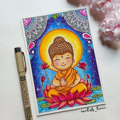 Drawing With Mandala Art, Buddha Art Painting Watercolors, Fusion Art Painting, Gautam Buddha Mandala Art, Drawing With Brush Pens, Water Coloring Art, Water Colour Painting Watercolour, Drawing Using Pen, Design For Projects On Paper