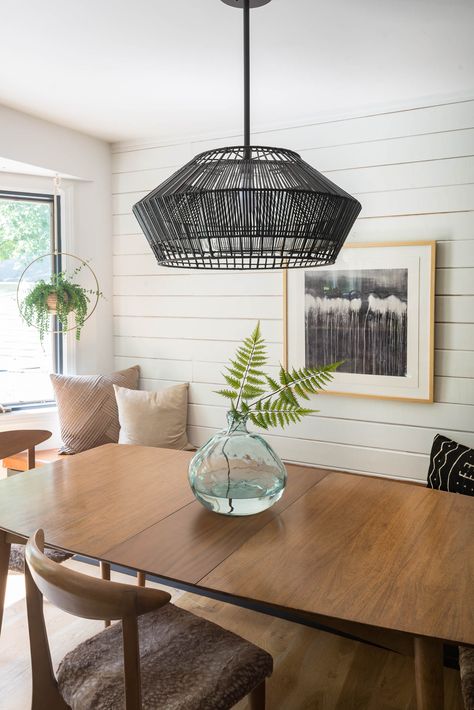 Modern Eat-in Kitchen featuring a DIY Built-in Bench Seat with leather cushion, beautiful woven pendant light and midcentury furniture. #eatin #builtinbenchseat #eatinkitchen #shiplap #diningroom Diy Built In Bench Seating, Eat In Kitchen Table, Built In Bench Seating, Plank Walls, Troy Lighting, Old Chairs, Built In Bench, Leather Cushion, Ship Lap Walls