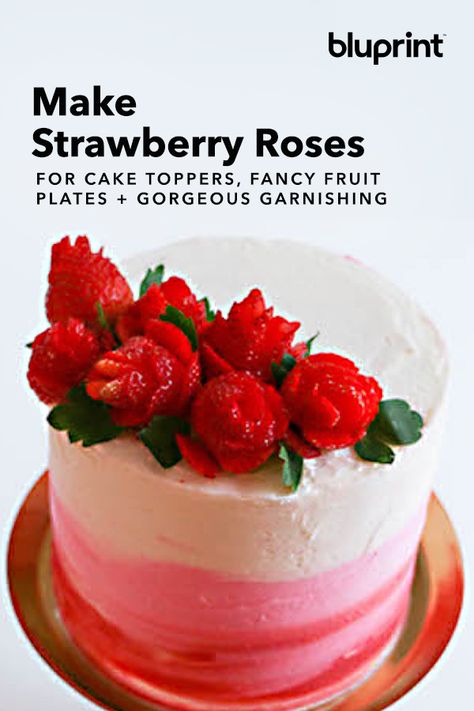 Make Strawberry Roses for Gorgeous Cake Toppers, Fancy Fruit Plates + Garnishing: Take your treats up a notch with beautiful edible roses (made of strawberries!). All you need is fresh strawberries, a sharp knife and some jam! The delicate petals make for the perfect decoration for your cake. Pro Tip: Decorate around the roses by piping buttercream leaves. #strawberrydesserts #strawberryroses #edibleroses #cakedecorating #mybluprint Strawberry Cake Decorations, Cake Decorated With Fruit, Thematic Cake, Strawberry Rose, Strawberry Roses, Creative Cake Decorating, Mirror Glaze, Strawberry Cakes, Rose Cake