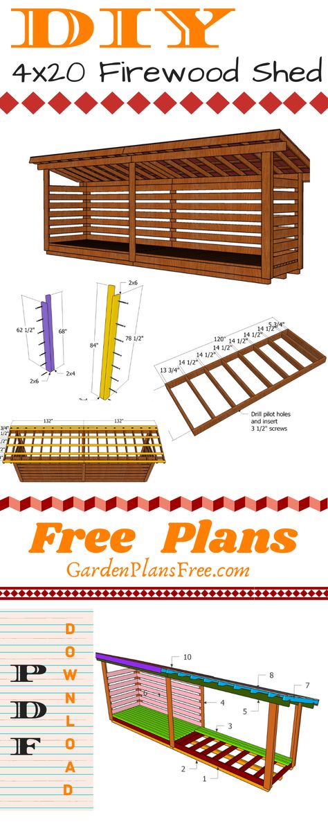 This free woodworking tutorial show you how to build a large and narrow firewood shed that can shelter up to 3 1/2 cords of wood. The shed features a sturdy structure that is set on skids. In addition, the lean to roof has metal roofing sheets and overhangs on all sides. Full Cut and Shopping lists included and PDF download. #diyshed #firewoodshed #firewoodstorage Firewood Lean To Shed, Wood Storage Lean To, Pallet Wood Shed Plans, Wood Shelter Design, Wood Shed Lean To, Wood Lean To Shed, Pallet Lean To, Lean To Wood Storage, Firewood Lean To