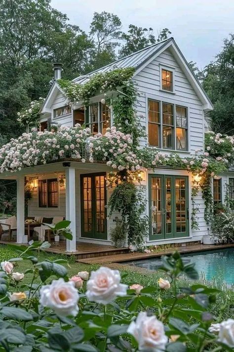 French Country, Cottage & Farmhouse | Facebook White Cottage Exterior, Shabby Chic Cottage French Country, Cozy House Exterior, Low Country Cottage, French Cottage Home, Cottage Layout, French Cottage Garden, Swedish Houses, French Cottage Style