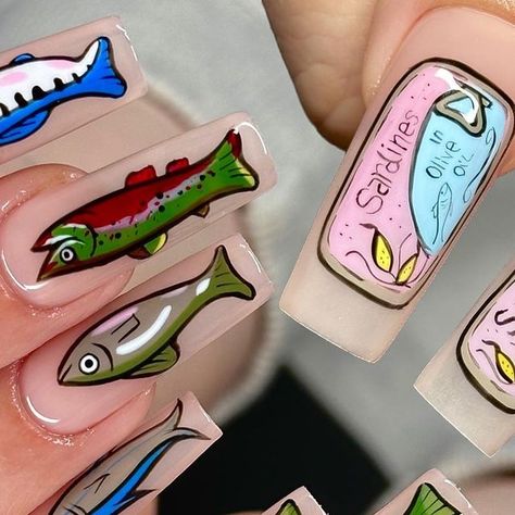 Fish Acrylic Nails, Fish Nails Designs, Funny Nail Art, Fish Nail Art, Funny Nails, Cute Rugs, Fish Nails, Animals Funny, Black Liner