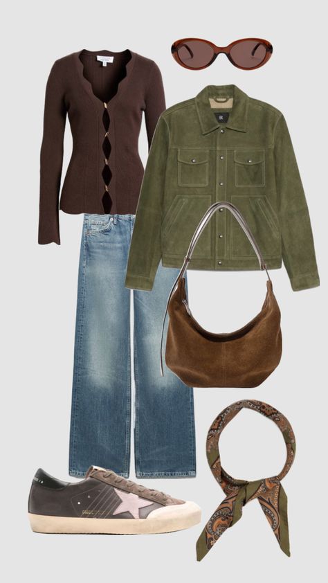 Brown and olive green outfit inspo #outfitinspo #autumn #fall #falloutfitideas #falltrends #brown #green #suede Olive Green Clothes Aesthetic, Olive Green Handbag Outfit, Olive And Brown Outfit, Brown And Olive Green Outfit, Olive Green Jacket Outfit, Olive Green Outfit Ideas, Olive Green Outfits, Olive Green Jacket Outfits, Green Bag Outfit