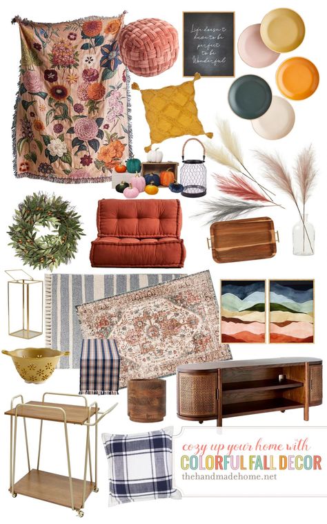 colorful fall decor we love via @thehandmadehome Colorful Fall Decor, Fall Couch, Thanksgiving 2022, Friends Thanksgiving, Ethnic Home Decor, Fall Thanksgiving Decor, Diy Things, Fall Color Palette, Amazing Spaces