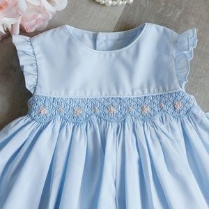 Luli & Me | Dresses | Girls Smocked Blue Dress With Embroidery Luli Me Size 6 Months Nwt | Poshmark Embroidery Edge, Smocked Bishop Dress, Pink Linen Dress, Fit Tea, Smocked Baby Dresses, Girls Smocked Dresses, Girls Smock, Girls Easter Dresses, Pink And White Dress