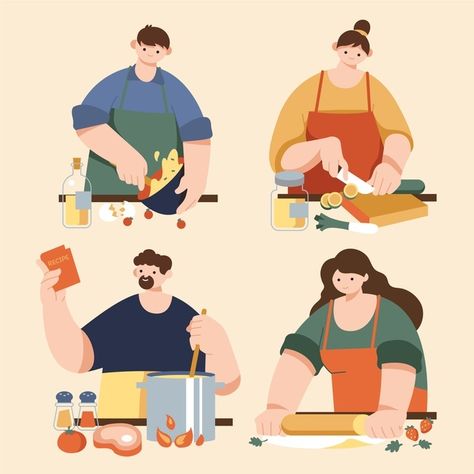 Cooking Illustration, Cook Illustration, People Cooking, Food Lettering, Food Typography, Japanese Food Illustration, Food Illustration Design, Illustration Story, Vector People