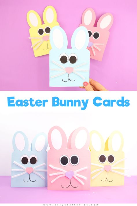 Learn how to make these Easy Easter Bunny Cards - simply start with the printable Easter Bunny Card Template and cut, trace and stick! A quick and easy Easter craft for kids to try at home or within the classroom. Easter Art Project, Easter Bunny Cards, Bunny Cards, Easter Arts And Crafts, Fun Easter Crafts, Paper Wall Hanging, Easy Easter Crafts, Easter Bunny Crafts, Easter Egg Crafts