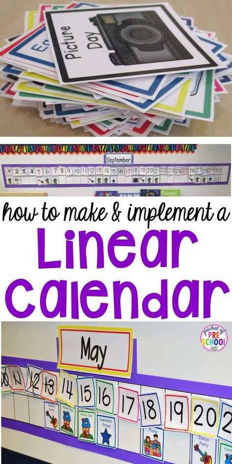 Linear Calendar! How to make, implement, why, and WHAT students are learning. Never teach traditional calendar in preschool or pre-k again. #calendartime #linearcalendar #preschool Make Calendar, Linear Calendar, Calendar Preschool, Preschool Classroom Setup, Calendar Skills, Pocket Of Preschool, Preschool Calendar, Preschool Circle Time, Prek Classroom