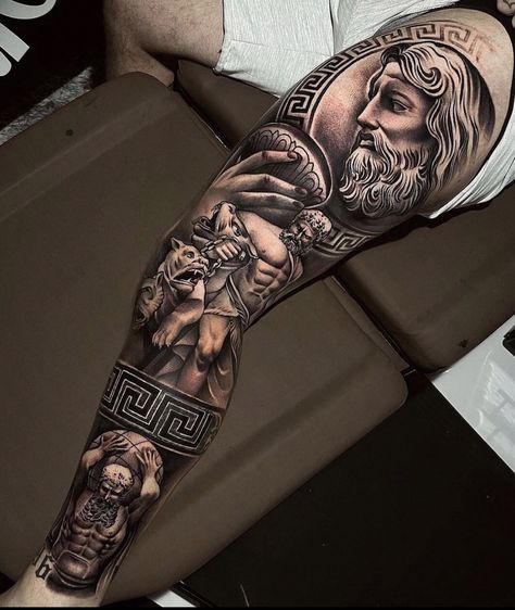 Tattoo Pierna Hombre, Voll Arm-tattoos, Greek God Tattoo, Gladiator Tattoo, Zeus Tattoo, Egyptian Tattoo Sleeve, Full Leg Tattoos, Realistic Tattoo Sleeve, Greek Mythology Tattoos