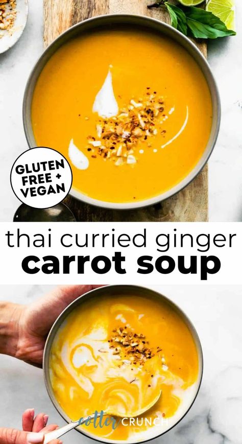 Thai Curried Carrot Ginger Soup recipe is made with nutritious, seasonal ingredients and sweet and spicy flavors for a creamy, cozy vegan soup perfect for chilly fall and winter days! Serve it on its own or as a side dish or healthy appetizer with your favorite gluten-free main courses. Add coconut milk and peanut butter (or almond butter) to make this easy soup dairy free. Thai Peanut Soup Recipes, Spicy Carrot Ginger Soup, Thai Carrot Ginger Soup, Carrot Ginger Curry Soup, Carrot Curry Soup, Curry Carrot Soup, Thai Carrot Soup, Cotter Crunch, Vegan Thai Curry