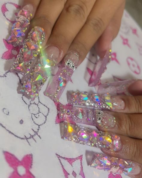 Junk Nail Designs, Sqaure Nails, Y2k Nail, Junk Nails, Punk Nails, Long Acrylic Nail Designs, Glamorous Nails, Exotic Nails, Really Cute Nails