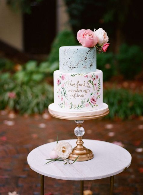 Small Wedding Cake with Quote Mini Wedding Cakes, Mini Torte, Two Tier Cake, Small Wedding Cakes, Wedding Cake Ideas, Berry Cake, Cake Trends, Painted Cakes, Wedding Cake Inspiration