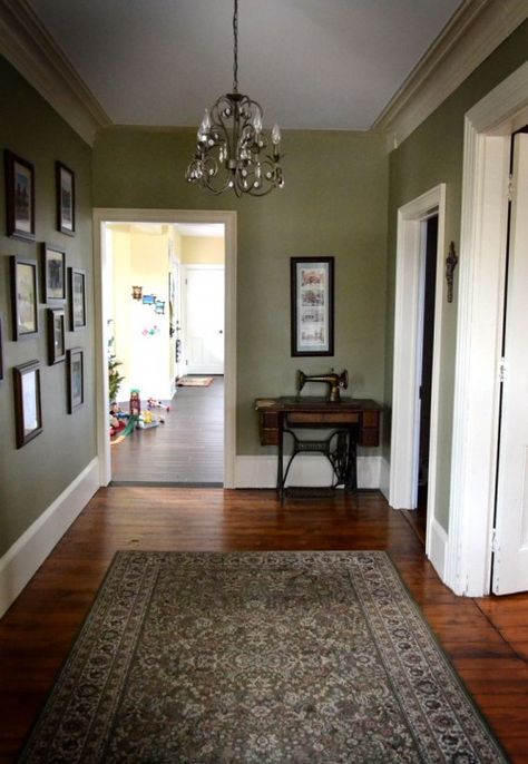 i could display my sewing machine in the entry! Hall Ideas, House Colours, Sherwin Williams Paint Colors, Green Walls, Living Room Remodel, Entrance Door, Green Rooms, Budget Backyard, Room Remodeling