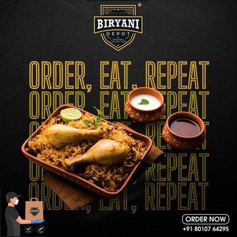 Order, Eat, Repeat biryani Biryani Motion Graphics, Food Photography Ideas Restaurants, Biryani Creative Ads, Restaurant Social Media Ideas, Food Marketing, Restaurant Ad, Food Discount, Restaurant Social Media, Restaurant Poster