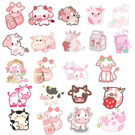 Strawberry Cows, Cow Stickers, Kawaii Cow, Kawaii Strawberry, Lilo And Stitch Drawings, Stitch Drawing, Tumblr Stickers, Cute Animal Drawings Kawaii, Pink Cow