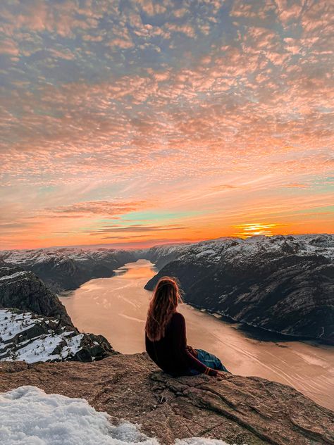 living aesthetic inspo backpacking preikestolen pulpit rock sunset hiking mountain sunrise Hiking Norway, Living Aesthetic, Sunrise Mountain, Mountains Aesthetic, Mountain Sunrise, Hiking Aesthetic, Adventure Aesthetic, Canada Travel, Travel Pictures