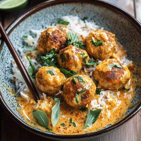 Coconut Chicken Meatballs 2 Simple Chicken Meatballs, Coconut Breaded Chicken, Shredded Chicken Meatballs, Coconut Meatballs, Chicken Meatballs Recipe, Baked Coconut, Coconut Lime Chicken, Meatball Dinner, Chicken Meatball