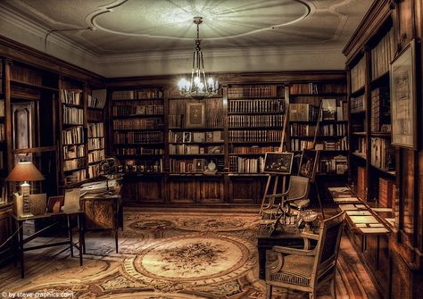 ConTentimuS Home Library Aesthetic Vintage, Study Room Aesthetic Vintage, Victorian House Library, Victorian Library Study, Victorian Study, Abandoned Library, Victorian Library, Library Study Room, Library Study