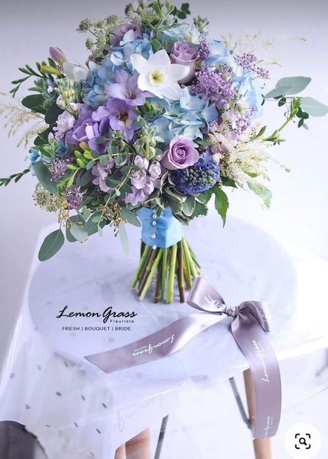 Flowers For Hoco, Pink Bouquet Flowers, Purple Flower Bouquet, Purple Wedding Theme, Purple Bouquet, Blue And Purple Flowers, Prom Flowers, Blue Bouquet, Beautiful Bouquet Of Flowers