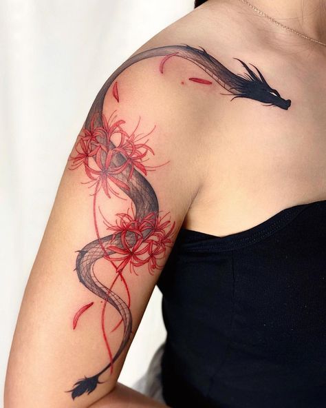 Dragon Tattoo Shoulder, Black Dragon Tattoo, Dragon Tattoo Arm, Dragon Tattoo Ideas, Red Dragon Tattoo, Dragon Tattoo Art, Chinese Dragon Tattoos, Dragon Tattoo For Women, Red Ink Tattoos