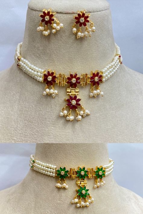 Introducing our exquisite collection of Choker Style Necklaces, plated with 22k gold, and adorned with CZ Ruby & Pearl beads or CZ Emerald & pearl beads. These necklaces exude luxury and sophistication with their minimalist design, making them perfect for a wide range of occasions and moods.  The Choker Style Necklaces feature a stunning combination of CZ stones, rubies, and pearl beads, beautifully complemented by the 22k gold plating. Indian Pearl Necklace, Wedding Choker Necklace, Jewellery Choker, Pearl Necklace Choker, Jewelry Emerald, Choker Style Necklace, South Indian Jewelry, Ruby Emerald, Choker Set