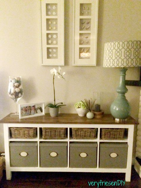 DIY: IKEA Hemnes sideboard makeover. Sanded, primed, painted and stained. Materials: Benjamin Moore Chantilly Lace, Minwax Water-Based Stain in American Walnut, Polycrylic. Ikea Hemnes Sideboard, Hemnes Sideboard, Ikea Bedroom Design, Ikea Living Room Furniture, Sideboard Makeover, 3 Sprouts, Ikea Stuff, Ikea Makeover, Toy Bin