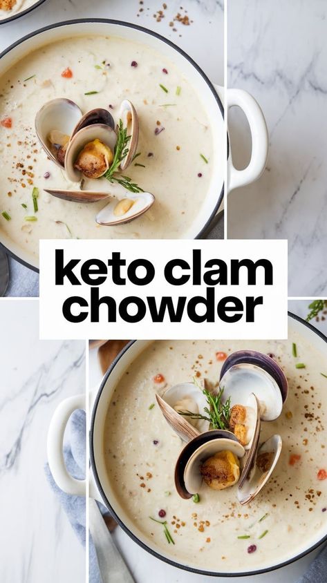 Low Carb Clam Chowder Recipe Low Carb Clam Chowder Recipe, Low Carb Clam Chowder, Keto Clam Chowder, Keto Soup Recipes, Clam Chowder Recipe, Keto Seafood, Seafood Chowder, Chowder Recipe, Keto Soup